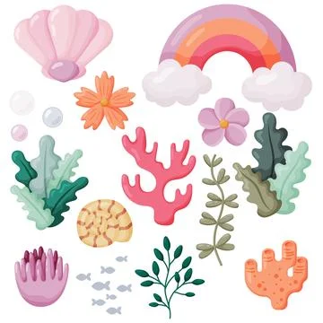 Cute Underwater and Nature Elements Vector Set 스톡 일러스트