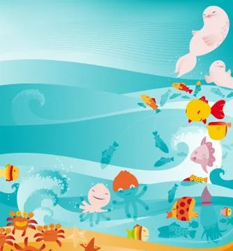 Cute Underwater animals vector background Stock Illustration