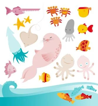 Cute Underwater animals Vector Set Stock Illustration