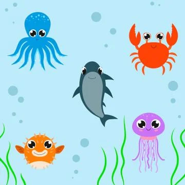 Cute underwater characters. Vector cartoon illustrations. Isolated. Flat. Stock Illustration