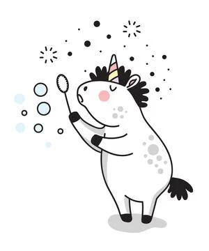 Cute unicorn blowing soap bubbles vector doodle illustration Stock Illustration