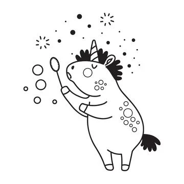 Cute unicorn blowing soap bubbles coloring vector illustration Stock Illustration
