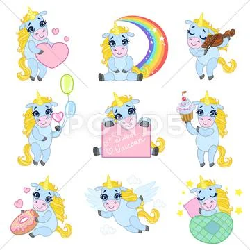 Cute Unicorn Cartoon Set Stock Illustration