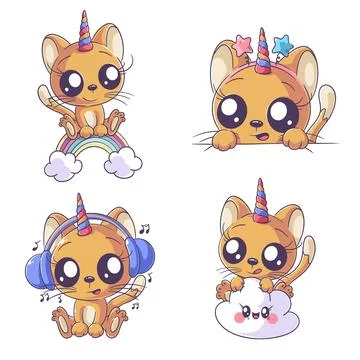 Cute unicorn cat with clouds, hand drawn style set Stock Illustration