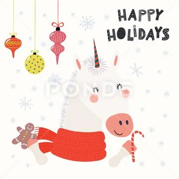 Cute unicorn Christmas card Stock Illustration