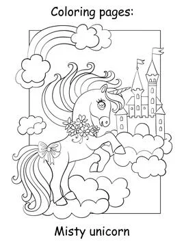 Cute unicorn on cloud and sky castle coloring vector 스톡 일러스트