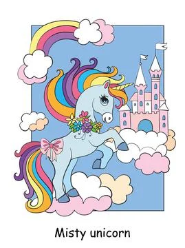 Cute unicorn on cloud and sky castle colorful vector illustration 스톡 일러스트