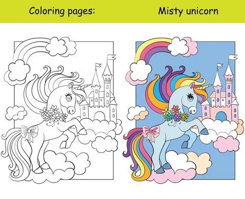 Cute unicorn on cloud and sky castle coloring vector and template Stock Illustration