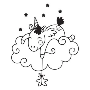 Cute unicorn on a cloud holding a star coloring vector illustration Stock Illustration