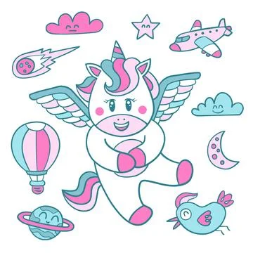 Cute Unicorn with Cute Elements Stock Illustration
