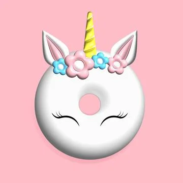 Cute Unicorn Donut 3d render Cartoon Isolated cupcake for mobile apps Vector Stock Illustration