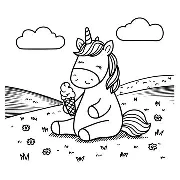 Cute unicorn on donut float line art vector design fun fantasy horse illust.. Stock Illustration