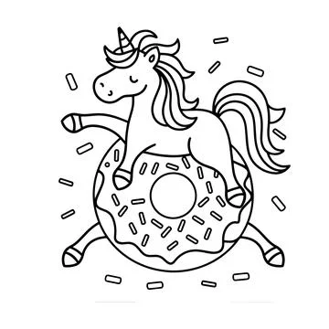 Cute unicorn on donut float line art vector design fun fantasy horse illust.. Stock Illustration