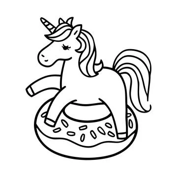 Cute unicorn on donut float line art vector design fun fantasy horse illust.. Stock Illustration