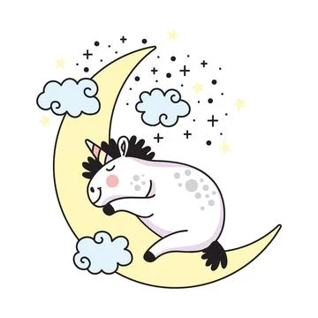 Cute unicorn dreaming on a moon vector doodle illustration Ilustração Stock