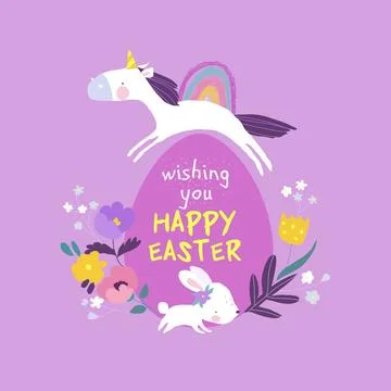 Cute Unicorn, Easter Bunny and Easter Egg. Happy Holidays Stock Illustration