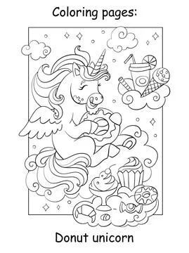 Cute unicorn eats donuts and other sweets coloring vector Stock Illustration