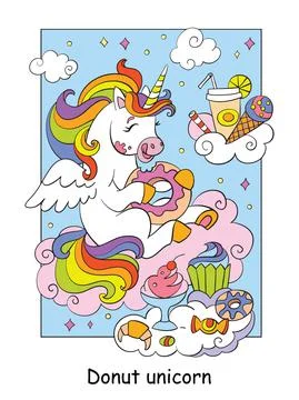 Cute unicorn eats donuts and other sweets colorful vector illustration Stock Illustration