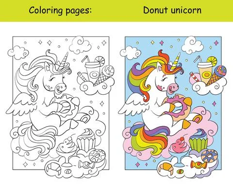 Cute unicorn eats donuts and other sweets coloring vector and template Stock Illustration