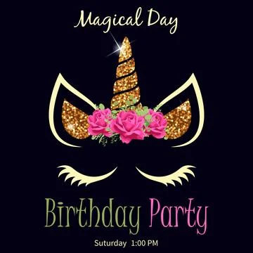Cute unicorn face with flower. Vector illustration. Birthday invitation. Stock Illustration
