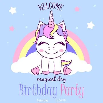 Cute unicorn face with flower. Vector illustration. Birthday invitation. Illustrazione stock