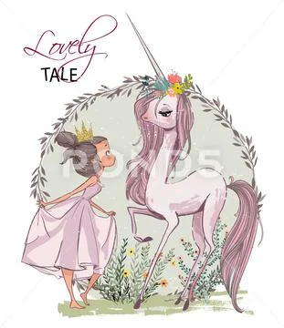 Cute unicorn with girl Stock Illustration