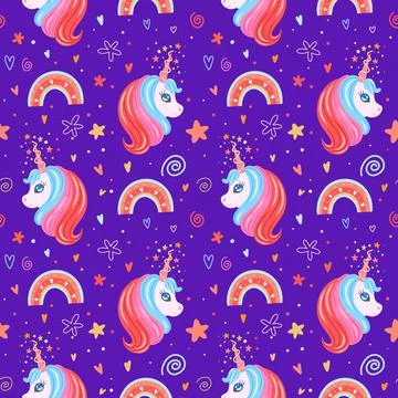 Cute unicorn heads seamless pattern with stars, rainbows, swirls and hearts. Stock Illustration