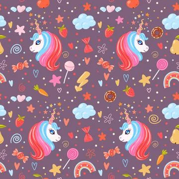 Cute unicorn heads seamless pattern with stars, rainbows, sweets, carrots, cl Stock Illustration