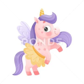 Cute Unicorn with Horn and Purple Mane Wearing Skirt Vector Illustration ~  Clip Art #208809055