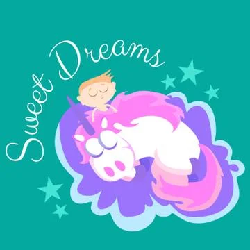 Cute unicorn isolated set, magic pegasus flying with wing and horn on rainbow Stock Illustration