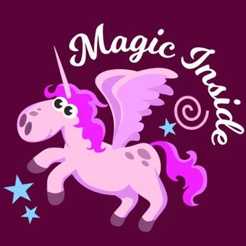 Cute unicorn isolated set, magic pegasus flying with wing and horn on rainbow Stock Illustration