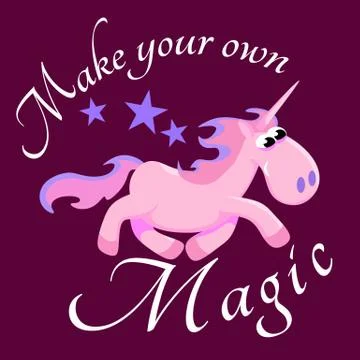 Cute unicorn isolated set, magic pegasus flying with wing and horn on rainbow Stock Illustration