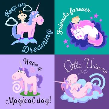 Cute unicorn isolated set, magic pegasus flying with wing and horn on rainbow Stock Illustration