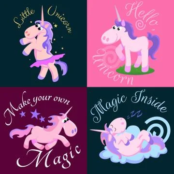 Cute unicorn isolated set, magic pegasus flying with wing and horn on rainbow Stock Illustration