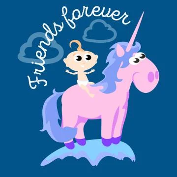 Cute unicorn isolated set, magic pegasus flying with wing and horn on rainbow Stock Illustration