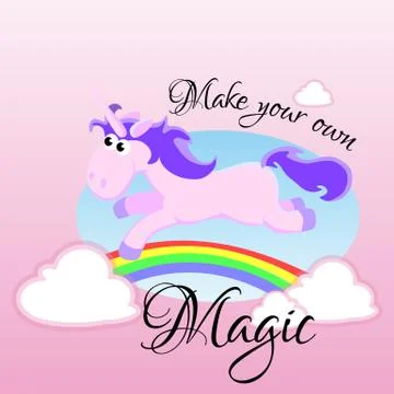 Cute unicorn isolated set, magic pegasus flying with wing and horn on rainbow Stock Illustration