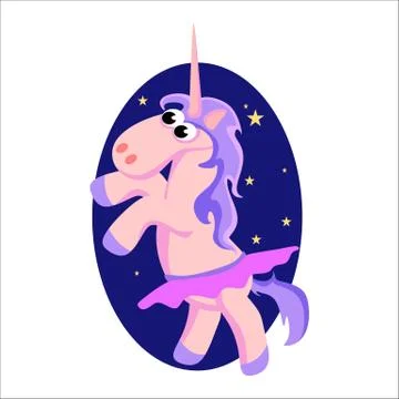 Cute unicorn isolated set, magic pegasus flying with wing and horn on rainbow Stock Illustration