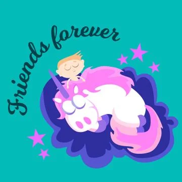 Cute unicorn isolated set, magic pegasus flying with wing and horn on rainbow Stock Illustration