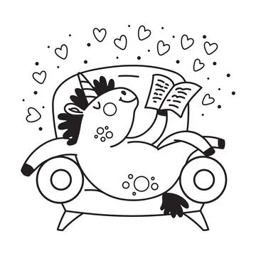 Cute unicorn lying on the couch coloring vector illustration Stock Illustration