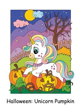 Cute unicorn lying on pumpkin vector cartoon illustration Illustrazione stock
