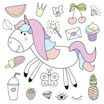 Cute unicorn magic design element set. Illustrazione stock