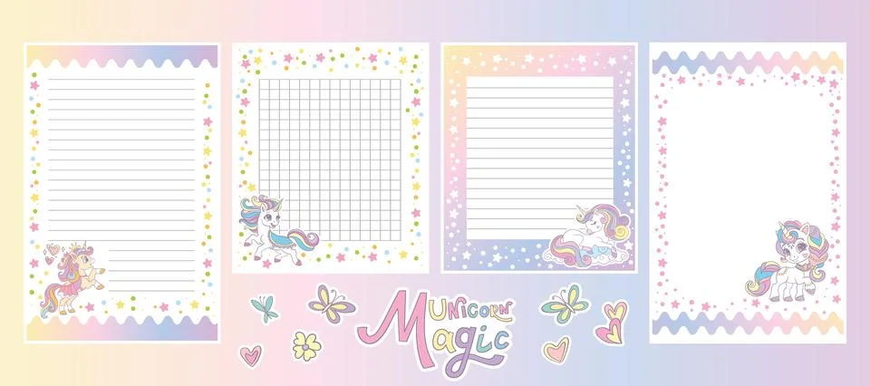 Cute unicorn note pages ptintable template vector set Stock Illustration
