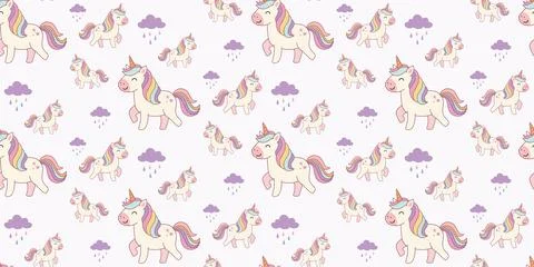 Cute unicorn pattern with pastel colors clouds and stars seamless background Stock Illustration