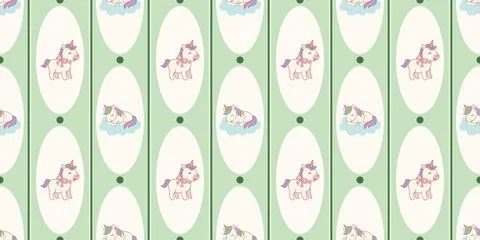 Cute unicorn pattern with pastel green background and oval shapes for children Stock Illustration