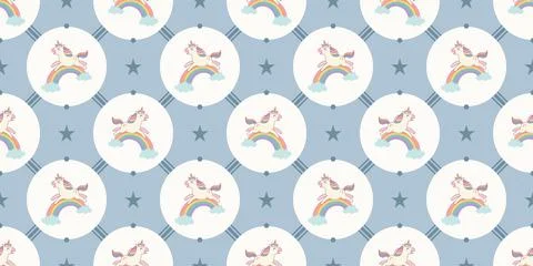 Cute unicorn pattern with rainbows stars and blue circles for kids Stock Illustration