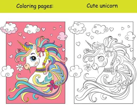 Cute unicorn portrait with hearts coloring book Stock Illustration