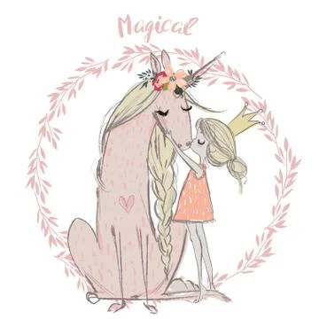 Cute unicorn with princess Stock Illustration