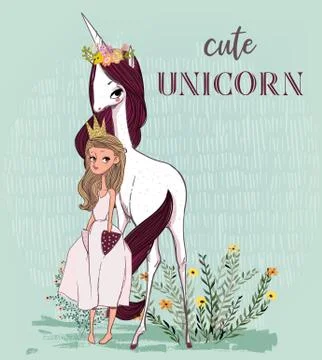 Cute unicorn with princess Stock Illustration
