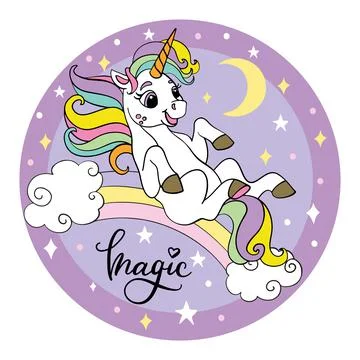 Cute unicorn rolling down the rainbow circle purple Ilustración de archivo