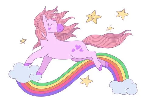 Cute unicorn running on clouds with rainbow and star in the sky Stock Illustration
